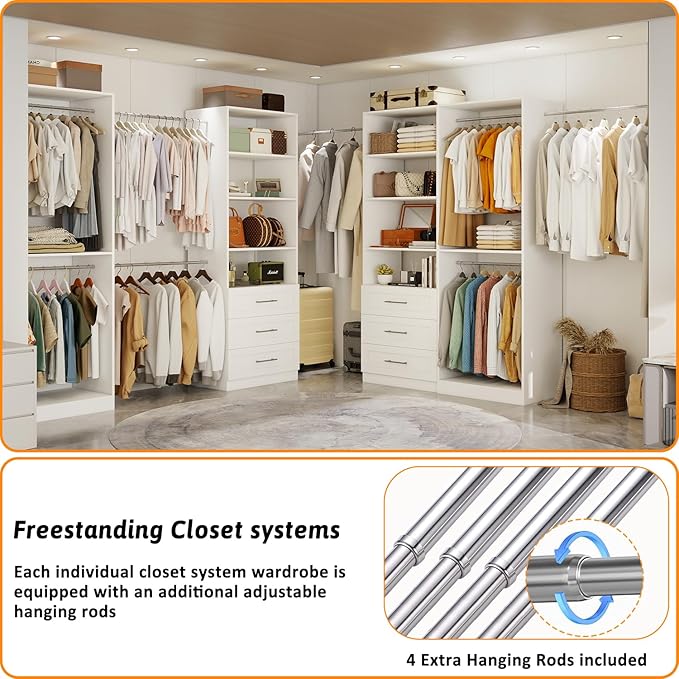 Closet Organizer System Of 4 Sets with 6 Drawers, 8 Shelves, 8 Hanging Rods, 8FT Closet System, Walk In Closet Wood, Modular Closet System Storage White (8FT)