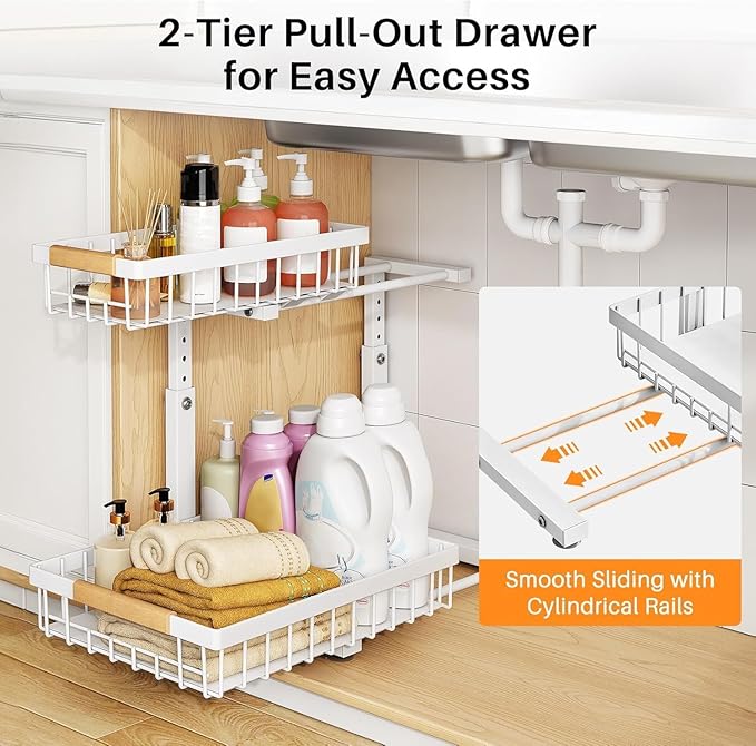 PXRACK 1 Pack Under Sink Organizer,Adjustable Height,2 Tier Pull Out Under Cabinet Organizer,Slide Out Thickened Metal Under Sink Storage for Kitchen Bathroom Laundry Cabinet Pantry,White