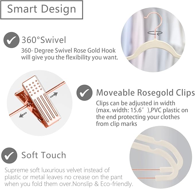 MIZGI Premium Velvet Pants Hangers with Clips (Pack of 20) - Slim Skirt Hangers - Non Slip Felt - Ivory - Copper/Rose Gold Hooks - Space Saving Shirt Clothes Hangers