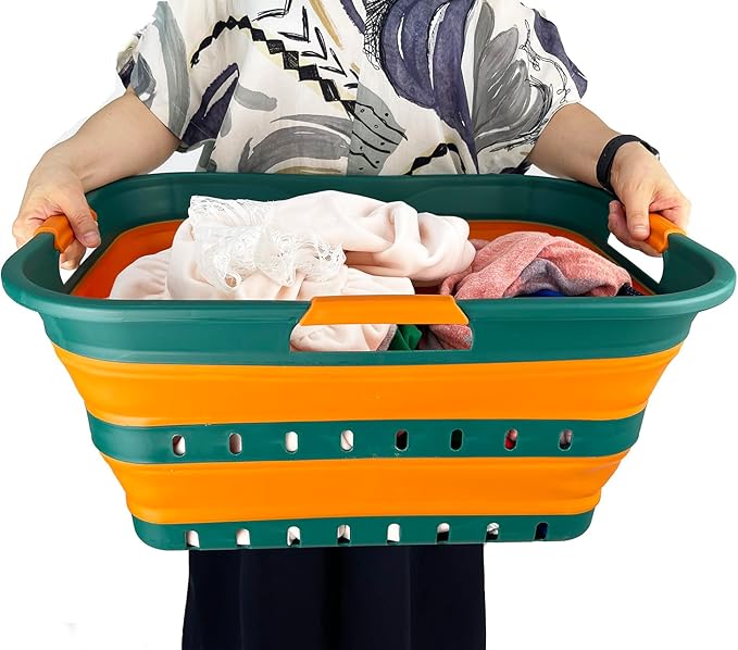 SAMMART 42L (11 gallons) Set of 2 Plastic Foldable Storage Basket/Container - Collapsible, Space Saving and Portable Laundry Hamper, Ideal for Home, Travel, Dorm (2, Teal Green/Autumn leaf)
