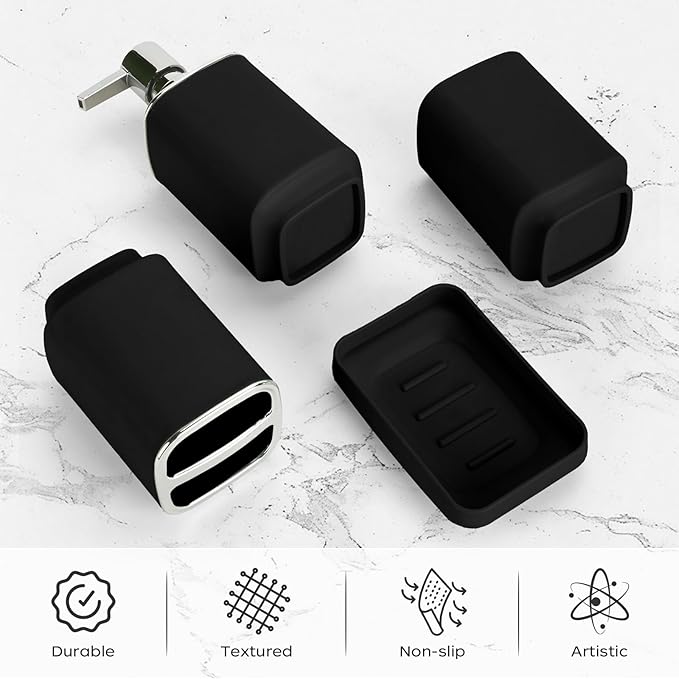 4Pack Bathroom Accessories Set, Bohemian Bathroom Sink Set, Contain Soap Dispenser, Toothbrush Holder, Soap Dish & Mouthwash Cup,Square soap and Toothbrush Holder Set