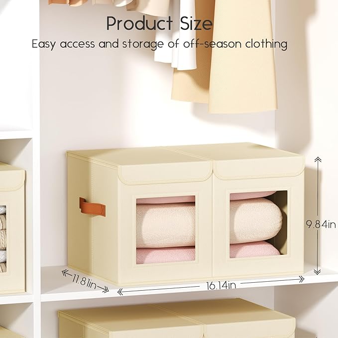 Large Closet Storage Bins - Collapsible Divided Clothes Organizer with Lids & Dual Window, Fabric Organizing Bins for Clothes, Sweater, Bedroom, Office (Beige, 2 Pack)