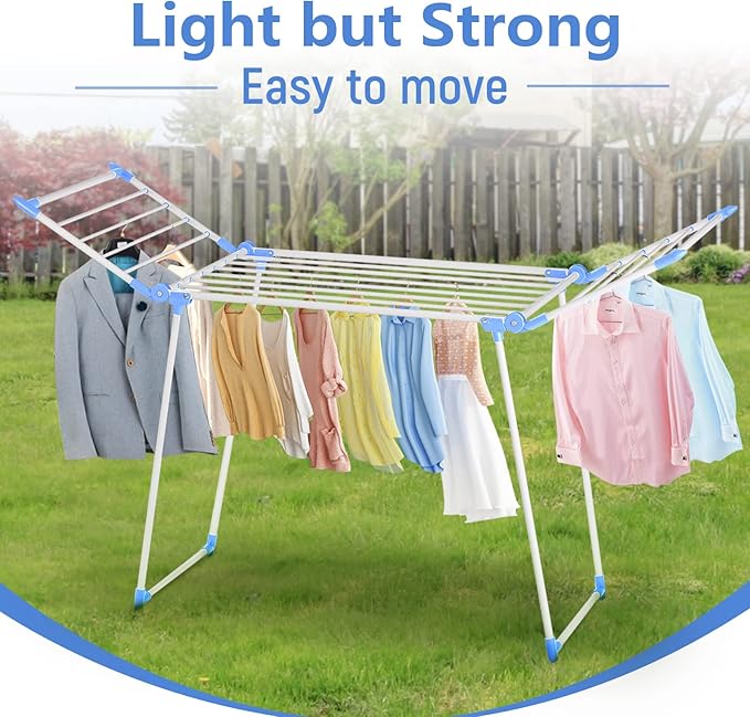 YUBELLES Clothes Drying Rack, Gullwing Laundry Rack, Collapsible, Space-Saving Laundry Rack, with Bonus Sock Clips, for Clothes, Towels, Linens, Indoor/Outdoor, Blue