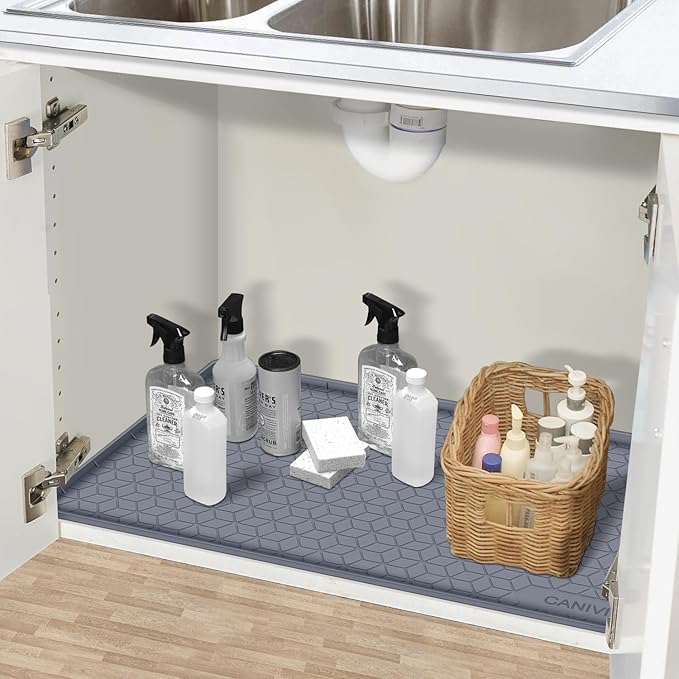 Under Sink Mat, 28" x 22" Waterproof Silicone Under Sink Tray for Kitchen & Laundry Cabinets, Kitchen Cabinet Shelf Protector, Up to 3 Gallons Liquid, Fits 36 inch Standard Cabinet (Blue Grey)