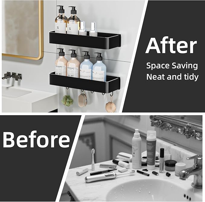 Shower Caddy Adhesive, No Drill Rustproof Bathroom Shelf, 2 Pack Large Capacity Aluminum Shower Shelves, Shower Organizer Rack with 5 Removable Hooks,Black
