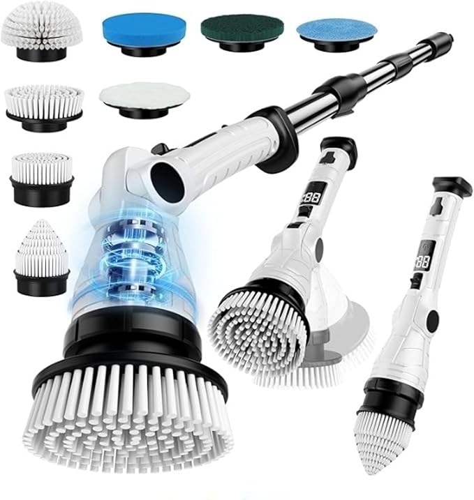 Mixbugg Electric Spin Scrubber – Cordless Power Cleaner with 8 Brush Heads, Long Adjustable Handle, 3 Speed for Deep Bathroom, Tile, Floor & Tub Cleaning, 6-Angle Adjustable