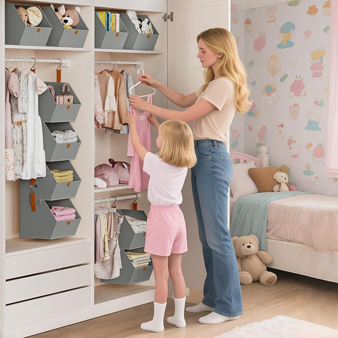 Hanging Closet Organizer 4 Tier - Clothes Hanging Shelves, Space-Saving Closet System, Fabric Storage Bins Bedroom Organization, Collapsible Baskets for Home, Dorm, Rv, Grey, 8 Pack
