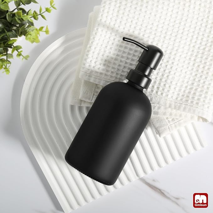GMISUN Black Soap Dispenser, Dish/Hand Soap Dispenser with Matte Black Stainless Steel Pump, 15 fl oz/450ml Glass Soap Dispensers Set for Kitchen/Bathroom, Modern Refillable Liquid Lotion Dispenser