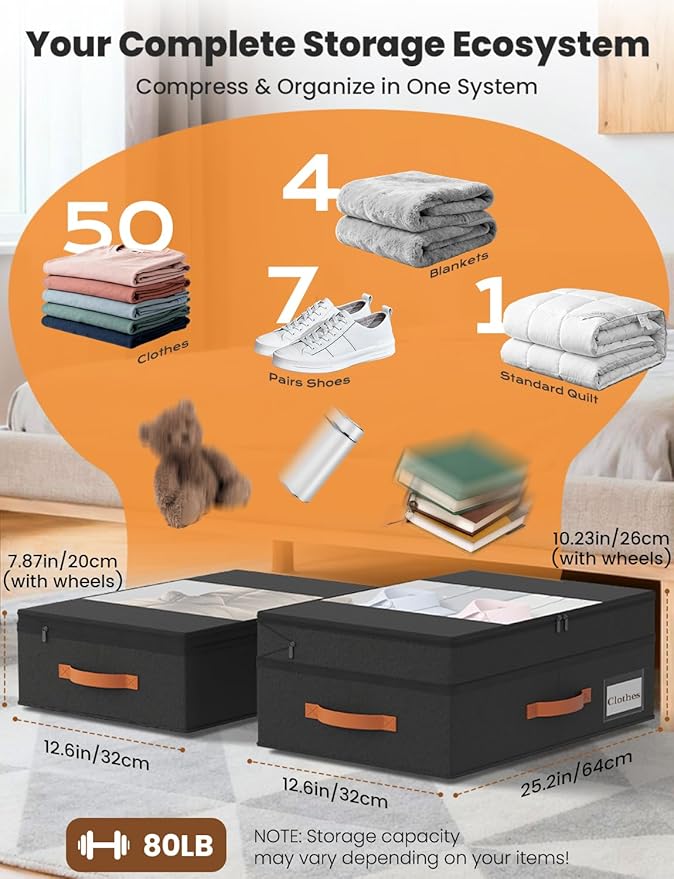2-Pack Under Bed Storage with Wheels and 6 Vacuum Seal Bags, Adjustable Height 7.9"-10.2",63L Clear Lid Expandable Organizer for Bedding Blankets Clothes Shoes Toys,Space Saving Quick Assembly, Black