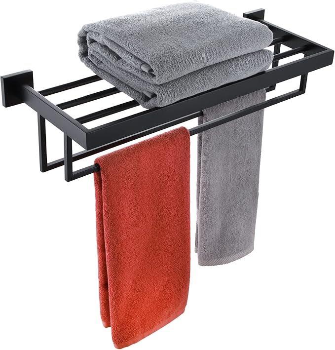 KOKOSIRI Black Towel Rack 20'' Bathroom Towel Shelf with Double Towel Bars SUS304 Matte Black Stainless Steel Wall Mounted, B6003BK-L20
