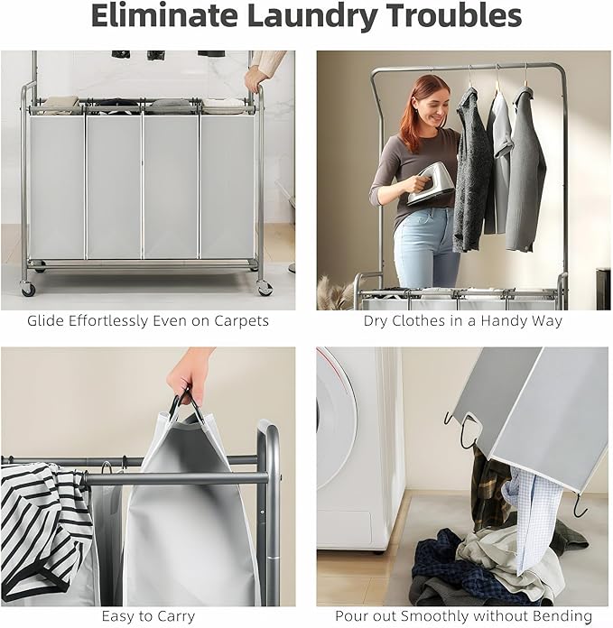 ROMOON Rolling Laundry Basket Organizer with Hanging Clothes Rack: 4 Section Laundry Hamper Sorter with Hanging Bar and Heavy-duty Lockable Wheels - Clothes Rack with Laundry baskets, 2025 Upgrade