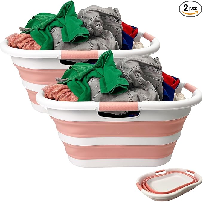 SAMMART 40L (10.5 gallon) Set of 2 Collapsible Plastic Laundry Hamper - Foldable Pop Up Storage Container/Organizer - Portable Washing Tub - Space Saving Basket (2, White/Quartz Pink)