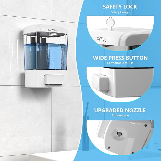 SVAVO Wall Mounted Soap Dispenser Kitchen Bathroom Manual Soap Dispenser Refillable Hand soap Dispenser for Liquid Contianers Shampoo Gel Chamber for Household Commerical 23.7oz (700ml) ABS