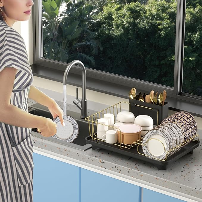 Buruis Dish Drying Rack for Kitchen Countertop, Large Capacity Gold Stainless Steel Dish Drainer with Anti-Slip Rubber Feet, Removable Drain Board and Utensil Holder (Black Tray)