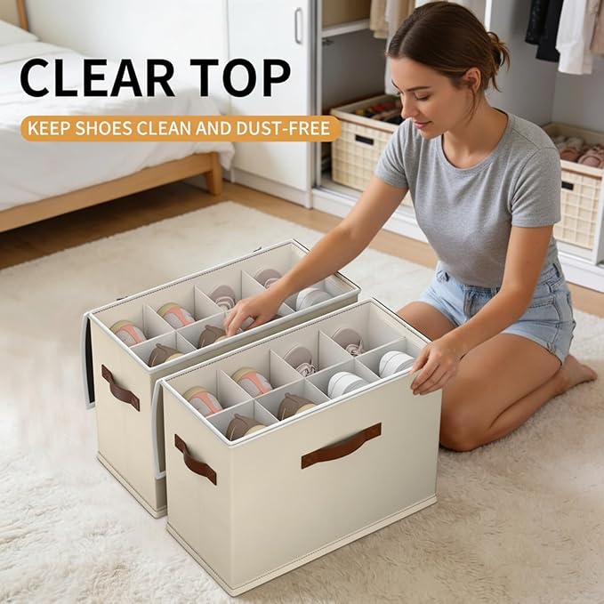 2 Pack Shoe storage Organizer for closet with wheels,17''(L)×8.5''(W)×13''(H) Shoe boxes with premium waterproof material，Adjustable Dividers Fits 16 Pairs,shoe Storage Bins with Reinforced Handle