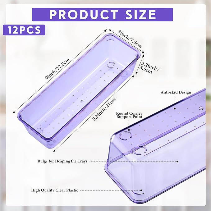 Maitys 12 Pcs Clear Drawer Organizer 9 x 3 x 2 Inches Plastic Rectangle Trays Makeup Vanity Storage Bins and Kitchen Drawers Dividers for Office Desk Silverware Kitchen Utensils(Purple)