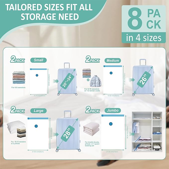 Cozy Essential 8 Pack Travel Vacuum Storage Bags with Rechargeable Wireless Electric Pump for Luggage, Suitcase, Carry-on Size Vacuum Seal Compression Space Saver Bags for Clothes and Clothing Travel