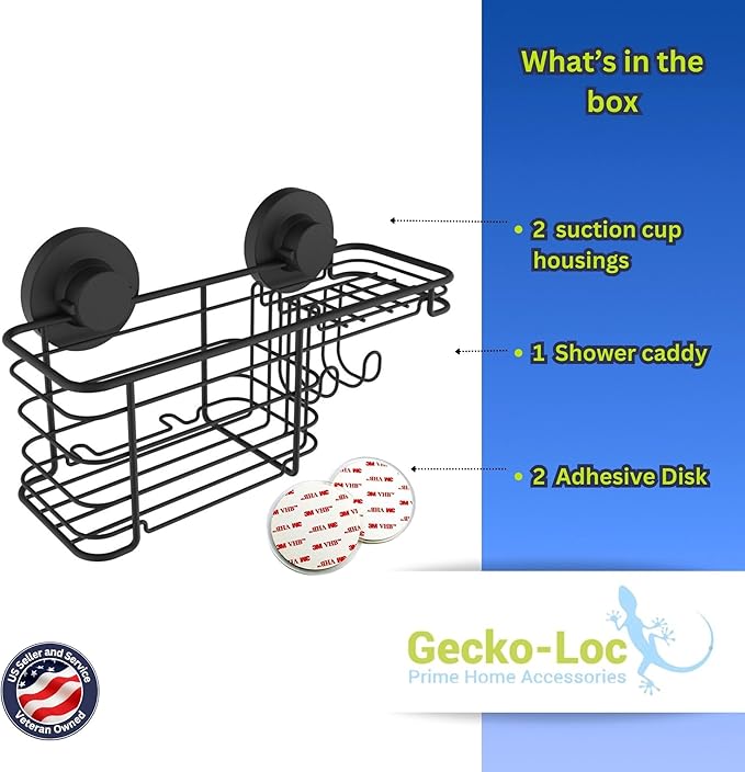 Gecko-Loc Large Combo suction cup wall mount bathroom shower caddy - shampoo storage basket shelf organizer caddie bath shelves - Black
