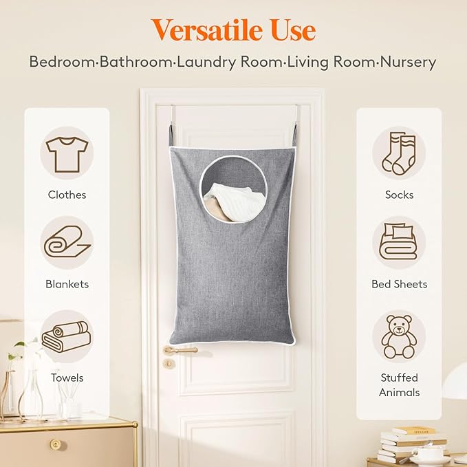 Lifewit 1 Pack Over Door Laundry Hamper, Large Collapsible Hanging Laundry Hamper, Hanging Laundry Basket Bag for Bathroom Bedroom Dirty Clothes Storage Organizer, Light Gray