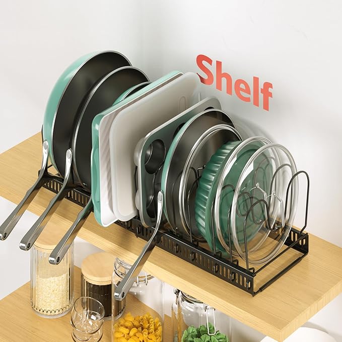 ORDORA Pots and Pans Organizer Under Cabinet, Expandable 11.8"-22.8" Pot Lid Holder with 14 Adjustable Dividers, Pan Organizers inside Cabinet for Kitchen Cookware Bakeware, Black
