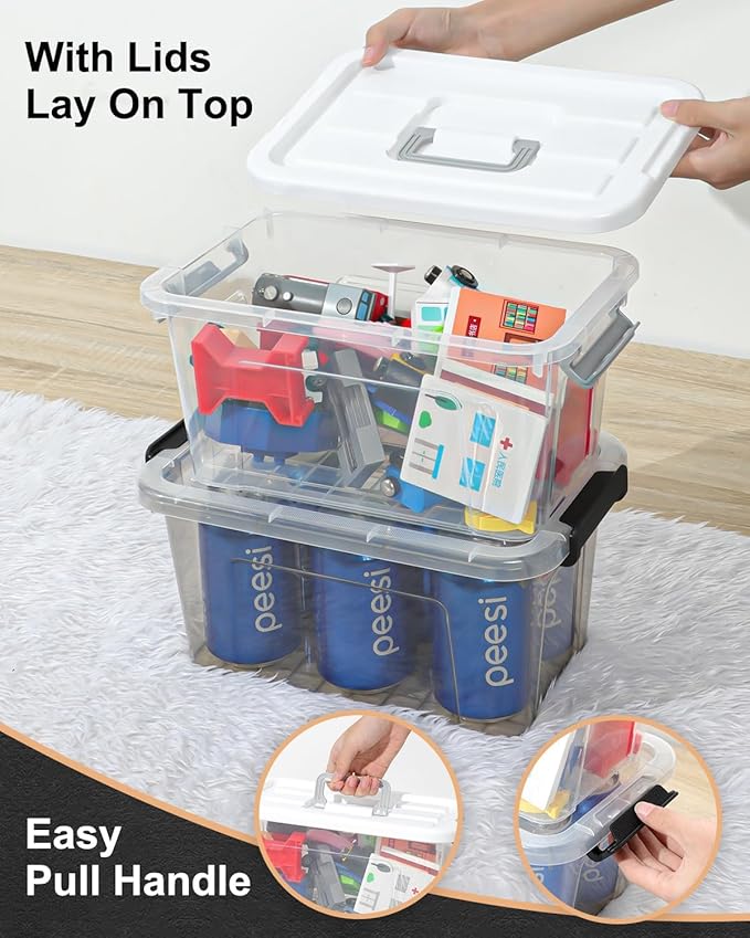 6 Pack Plastic Storage Bins with Lids 7 Quart Stackable Clear Storage Bins with Buckle Lids and Handle easy for Home Office Pantry Organization, Grey