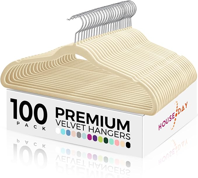 HOUSE DAY Premium Velvet Hangers 100 Pack Beige, Non-Slip Flocked Felt Hangers, Sturdy Clothes Hanger with 360° Rotatable Hook, Heavy Duty Durable Slim Coat Hanger for Closet Space Saving