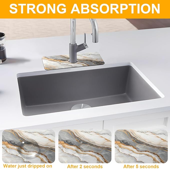 2 Pack Marble Texture Sink Splash Guard Faucet Mat Liquid Gold Marble Texture Super Absorbent Fast Drying Mat Sink Gadgets-Splash Guard Behind Faucet Drip Catcher for Kitchen Bathroom, 15.5"x5.5"
