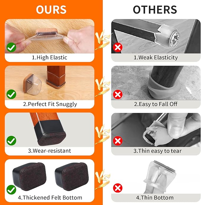 Ezprotekt 8 Pcs Rectangle Black Silicone Chair Leg Floor Protectors with Felt, Rectangle Chair Leg Caps, Furniture Leg Covers Cups for Chair Table Desk (Fit L :1.3-1.7", W: 0.9-1.2")