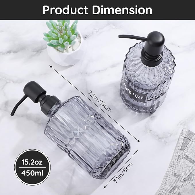 Segbeauty Glass Soap Dispenser Refillable, 2 Pack 15.2oz Modern Farmhouse Decor Pump Bottles with Labels, 450ml Western Decor Hand Soap Dispenser Set Liquid Gel Container for Bathroom Kitchen Gray