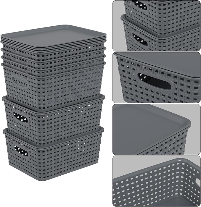 6-Pack Small Plastic Woven Storage Basket with Lid, Stackable Organizer Basket Bin, Grey