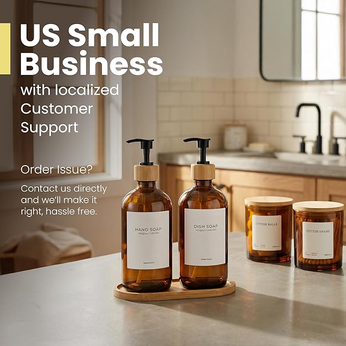 MaisoNovo Glass Dish Soap Dispenser for Kitchen Set of 2-16.9oz Amber Dish and Hand Soap Dispenser Set for Kitchen - Amber Glass Bottles x 2 with Black Bamboo Pumps & Tray