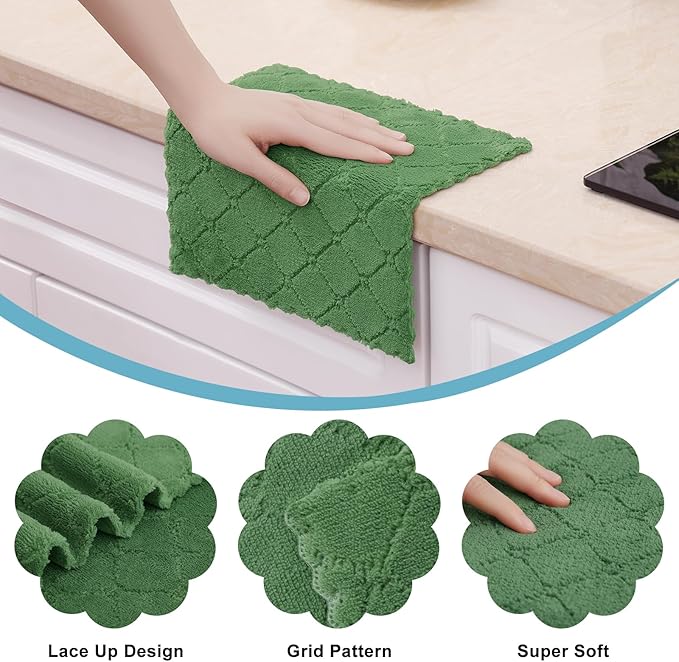 Homaxy 12 Pack Kitchen Dish Cloths (10 x 10 Inches, Grass Green), Super Soft and Absorbent Coral Velvet Dish Towels, Nonstick Oil Fast Drying Microfiber Cleaning Cloth, No Lint Household Dishcloths