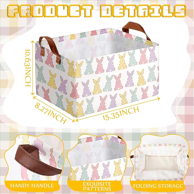 Boao 3 Pcs Easter Storage Bin Rectangular Bunny Basket Box with Handle Collapsible Large Storage Baskets Foldable Rabbit Box for Easter Party Decoration