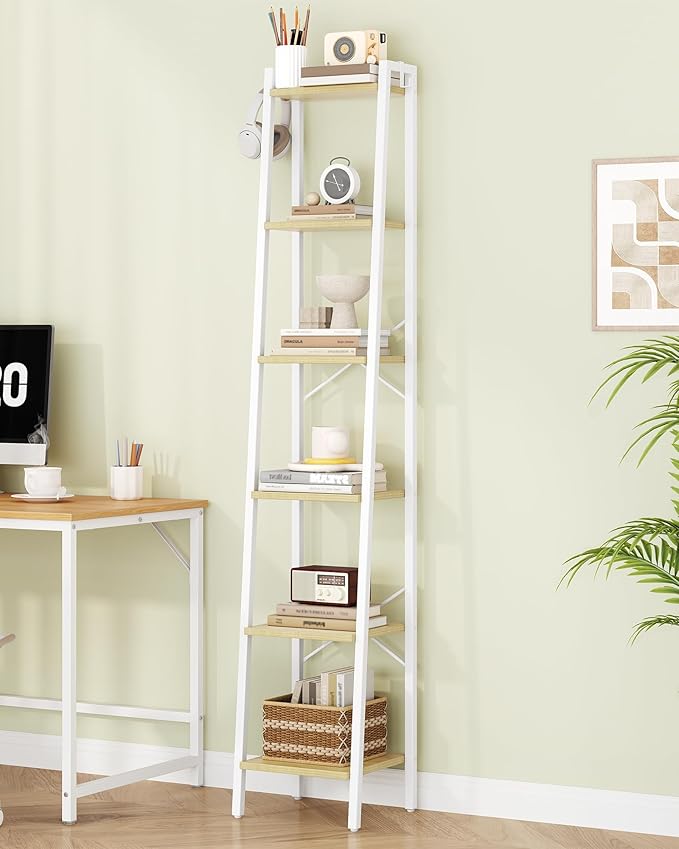 Ladder Shelf, Bookshelf Bookcase, Freestanding Corner Storage Shelve with 2 Hooks for Home Office, Living Room, Kitchen, Bedroom, Industrial, 11.8" D x 13.4" W x 72.8" H, White Oak and White