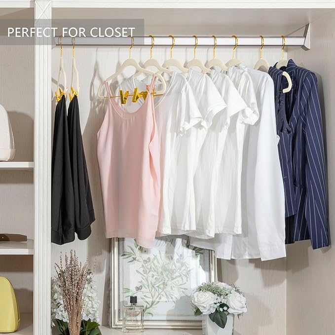 MIZGI Premium Velvet Pants Hangers with Adjustable Clips (Pack of 20) - Slim Skirt Hangers - Non Slip Felt - Ivory/Gold