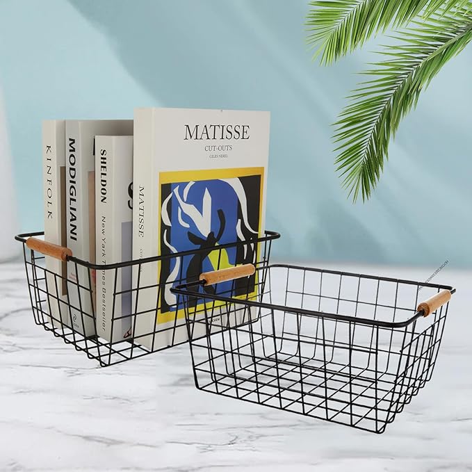 4 Pack Black Metal Wire Storage Baskets, Pantry Baskets for Organizing, Wire Food Storage Basket Organizer with Wooden Handles for Kitchen, Pantry, Freezer - 29 x 22 x 12cm