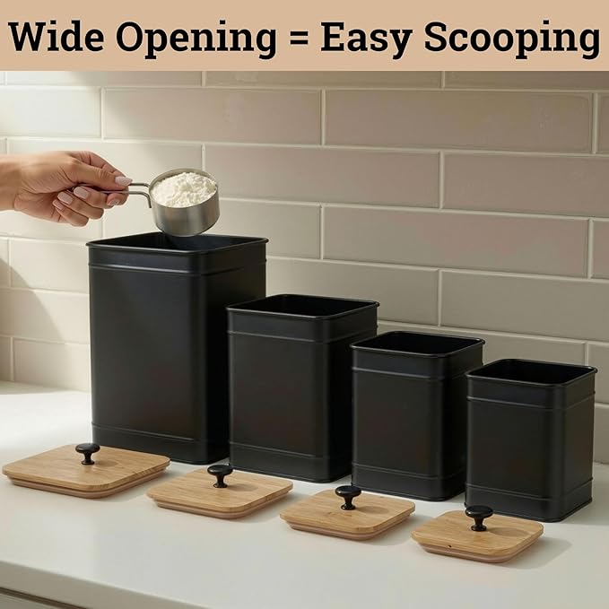 Kitchen Canisters for Countertop Set of 4 with Customizable Chalkboard Labels & Marker Pen - Big Iron Kitchen Canisters with Airtight Lids - Black Canister Set - Flour and Sugar Containers Farmhouse