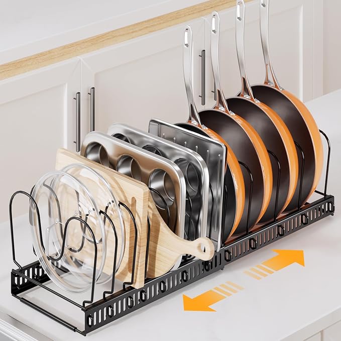 ORDORA Pots and Pans Organizer under Cabinet with Pot Lid Organizer, Expandable Rack for Pan and Pot Organizers Inside Cabinet, 11.8"-22.8" Adjustable with 12 Dividers for Kitchen Organization, Black
