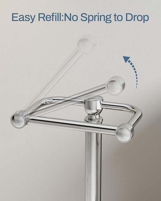 KALLYNB Freestanding Toilet Paper Holder Stand - Rustproof 304 Stainless Steel with Heavy Duty Weighted Base (4.8lbs), 22" Height Pivot Arm Tissue Roll Dispenser, Fits Mega Rolls - Chrome Finish