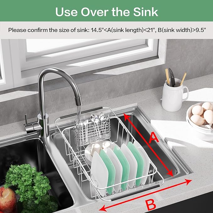 Small Dish Drainer Rack in Sink Adjustable, Expandable Stainless Steel Metal Dish Drying Rack Organizer with Stainless Steel Utensil Holder Over Inside Sink Counter, Rustproof(for 1-2 People)