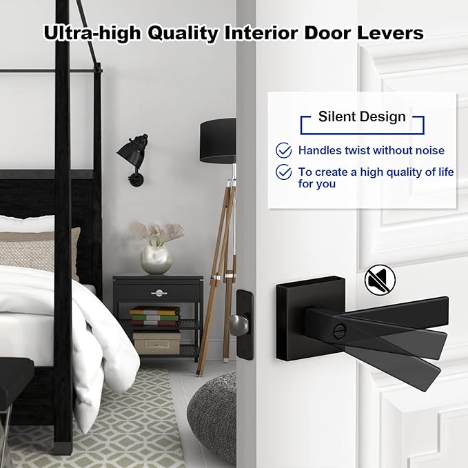 Estmoon 6 Pack Matte Black Door Handle, Keyless Interior Door Knobs Square Privacy Door Levers Heavy Duty Door Locks for Bedroom Bathroom, Reversible Interior Handles for Left & Right Handled Doors