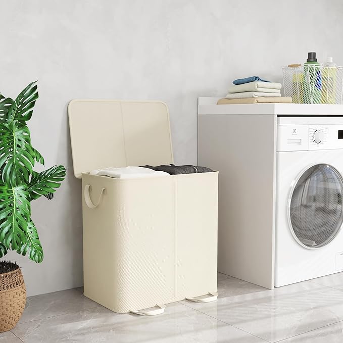 Lifewit Double Laundry Hamper with Lid and Removable Laundry Bags, Large Collapsible 2 Dividers Dirty Clothes Basket with Handles for Bedroom Laundry Room Closet Bathroom College, 136L Ivory White