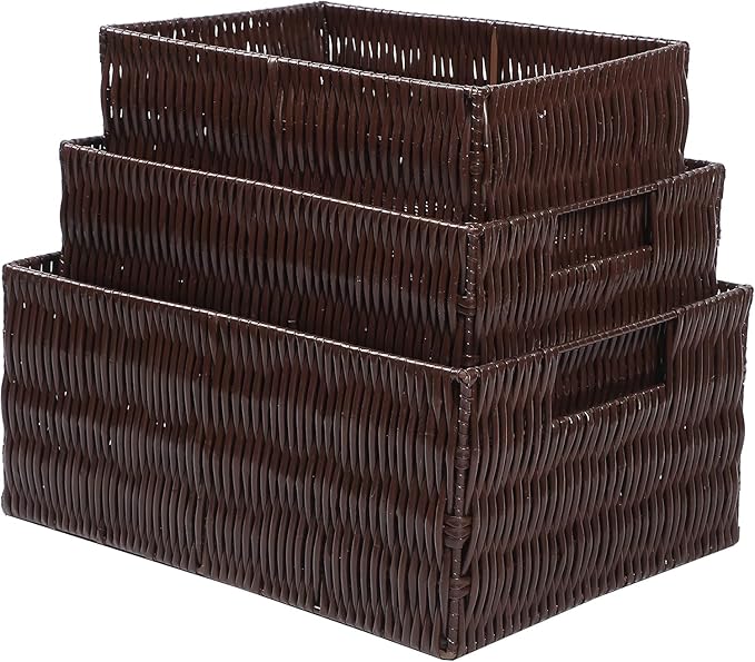 Elevon Plastic Wicker Basket Set of 3, Handmade Storage Basket for Organizing with Handles, Storage Bins for Home Kitchen Countertop, Shelf Organizer, Waterproof, Coffee