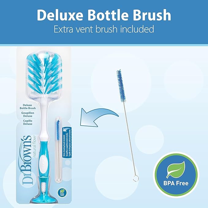 Dr. Brown's Reusable Sponge Baby Bottle Cleaning Brush, Blue and Gray + Deluxe Bottle Brush, BPA-Free, Blue, 3-Pack