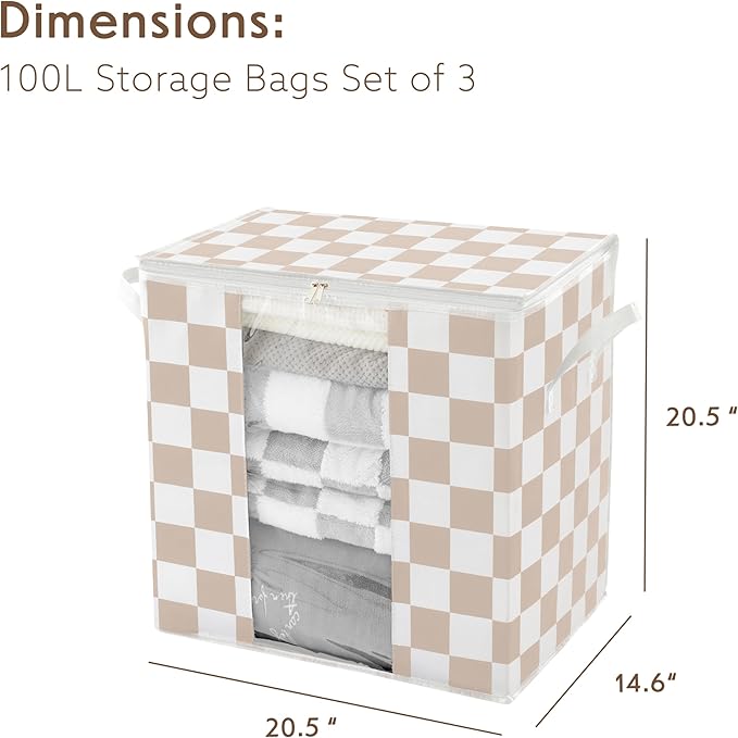Beige Checkered Clothes Storage Bins, 100L Large Blanket Storage Bags 3 Pack, Closet Organizers and Storage Containers for Comforters, Bedding, Foldable Organizer with Handle