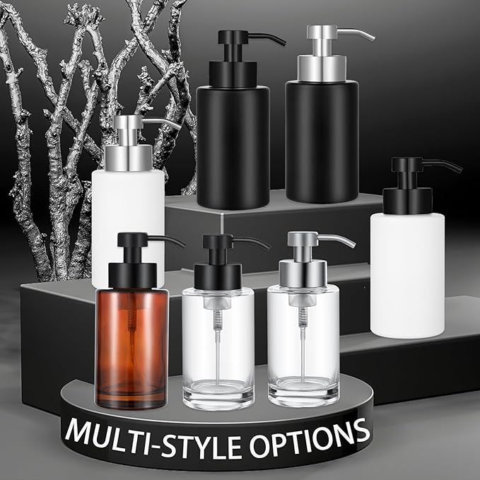 Foaming Soap Dispenser Set, 12 Oz Glass Hand Soap Dispenser with 304 Rust Proof Stainless Steel Pump, Waterproof Labels, for Bathroom Decor Kitchen College Dorm, Black
