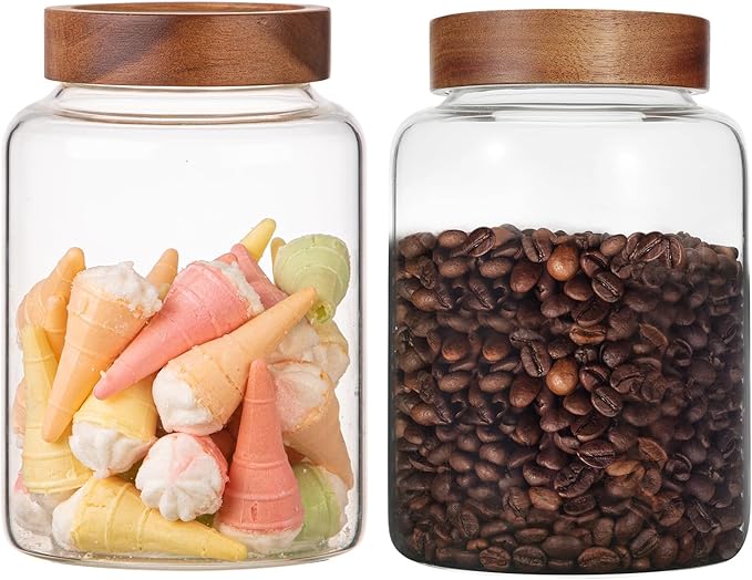 Patoper Large Glass Coffee Jars 60 oz /1800ml, Round Storage Canister with Wooden Lid Clear Glass Food Jar for Pantry Sugar Tea Coffee Bean Spice Nuts Cookies Bath Salts (1800ml/60oz-2PACK)