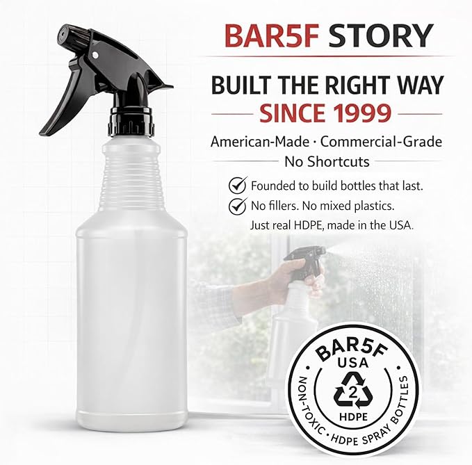 Bar5F Spray Bottles, 24oz, 3 Pack, Chemical-Resistant, BPA-Free, Compatible with Vinegar, Rubbing Alcohol, Cleaning Solutions, Non-Toxic HDPE Bottle for Plants, Pet, BBQ, Auto Detailing, Made in USA