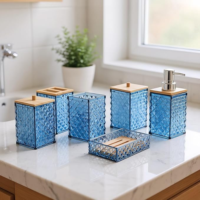 Bathroom Accessory Set,6 Pcs Blue Bathroom Set Include Soap Dispenser, Qtip Holder Dispenser, Soap Dish,Toothbrush Holder & Mouthwash Cup.Boho Bathroom Set