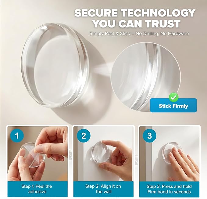 Strongest Home Wall & Door Handle Stopper 2" Set of 10 Pieces of Clear Rubber Door Knob, Round Wall Shield Cushion, Quiet Wall Protector for Door Handle, Guard Door Bumper Self-Adhesive
